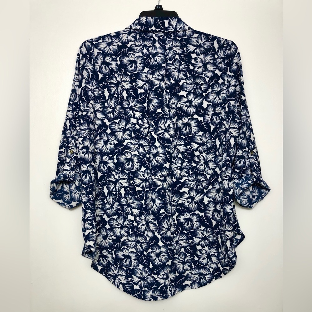 MICHAEL KORS Long Roll-tab Sleeve Floral Blue Hibiscus Tunic Top Blouse Size L - Picture 13 of 14